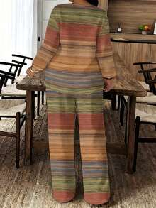 2026 New Style A Set Of Retro Stripe Woven Fabric Casual And Unconstrained Women's Plus-Size Printed Two-Piece Set For Spring, Autumn And Summer, Suitable For Independence Day, Home Wear, Travel, Gifting To Friends And Daily Wear, Retro Stripe Casual Style Suit - 彩色 - 查看 3