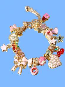 1pc Pink Leopard Heart Charm Bracelet, Cute Bow Heart Bracelet, Strawberry & Star Girl Bracelet, Fake Food Donut Bracelet, Religious Virgin Mary Bracelet - Gold - View 14