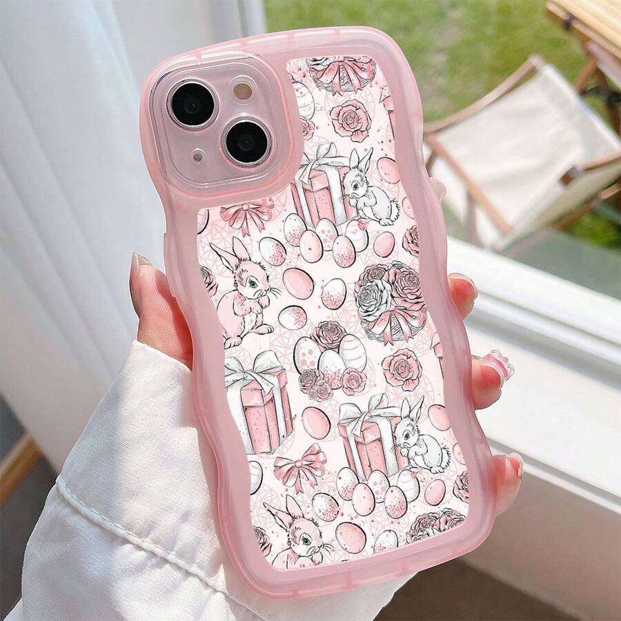 1pc Fashionable Wavy Irregular Protective Phone Case, Rabbit & Easter Egg Pattern, Ideal Daily Choice For Women, Compatible With IPhone17Air/17pro/17promax/17/16e/16/15/14/13/12/11/X/Xr/8/7/GalaxyA14/A15/A54/S24/S24Ultra Series - Pink - View 1