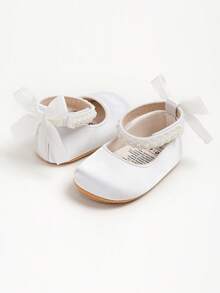 Newborn Baby Girls' Mary Jane Flats, Bow Decor, Non-Slip Soft Bottom PU Leather Infant Prewalker Shoes, Pearl Ribbon - White - View 5