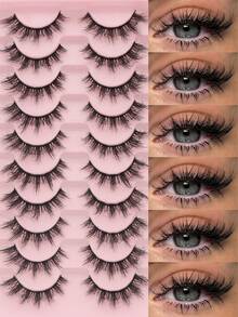 10/20 Pairs Of 3D Fluffy Artificial Mink Eyelashes, Slim False Eyelashes, Thick False Eyelashes, Curling False Eyelashes, 3D Natural False Eyelashes, Suitable For Holiday Parties, Cat Eye Lashes For Cosplay, Manga, And Various Occasions, Strip Lashes, Lashes, Eyelashes, Fake Lashes - màu đen - Xem 2
