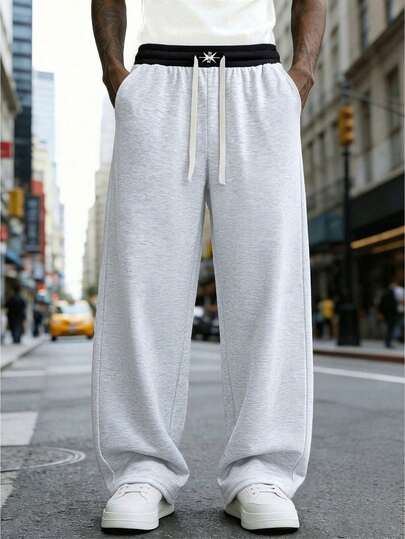 男士百搭简约多功能不挑剔刺绣黑色抽绳宽松休闲运动裤，适合所有季节，深灰色