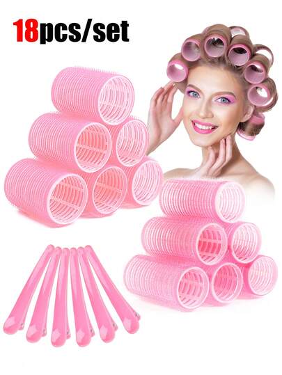18 件套自粘式卷发器套装，包含 12 个卷发器（两种型号各 6 个）和 6 个夹子，沙龙级卷发器，适合 DIY 美发造型，无需加热，卷发，卷发器，卷发棒，卷发器，无需加热卷发，无需加热卷发，卷发棒，卷发，卷发工具，卷发棒，卷发器，卷发扩散器，头发，旅行，美发产品，美发工具，美发师，美发用品，美发沙龙，美发设备