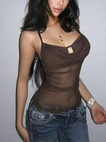 Kliou 女士性感吊带背心，夏季透视网纱褶皱镂空设计中等弹力吊带衫 - 棕色 - 查看 5