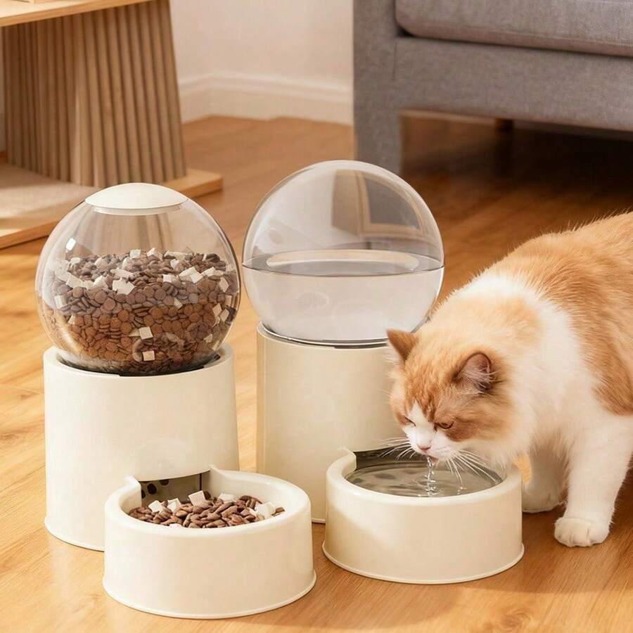 1 Automatic Cat Feeder And Water Dispenser With Gravity Feed System - Modern White Design Featuring A Transparent Dome Lid And Spill-Proof Bowls - Battery-Free Automatic Pet Food Dispenser For Easy Feeding Schedule Setup - Durable Wet/Dry Food Storage Compartment - Ideal For Cats As An Automatic Wet Food Feeder - Automatic Dispenser Suitable For Dual-Pet Households - 米色0.8LWater - 查看 1
