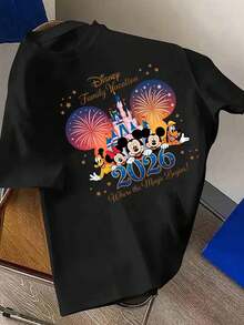 Disney 2026 Mickey Mouse Head Castle Fireworks Print T-Shirt, Men's Summer Crew Neck T-Shirt, Comfortable, Soft, Pure Cotton, Breathable T-Shirt, Suitable For Everyday Wear, Outings, Commuting, Parties, And More. - Black - View 2