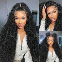 VIOLLY Jerry Curly 32 Inch 13*6 HD Transparent Lace Front Ear To Ear Free Parting 200% Density Melted Hairline Baby Hair Pre Plucked Pre Bleached Knots Heat Resistant Human Hair Blend Long Luxury Wig Natural Black - 1B# - View 7