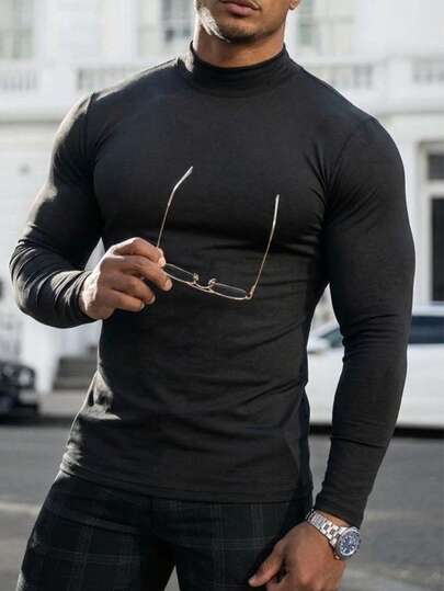 1pc Men's Solid Color Long Sleeve Mock Neck T-Shirt, Spring/Autumn