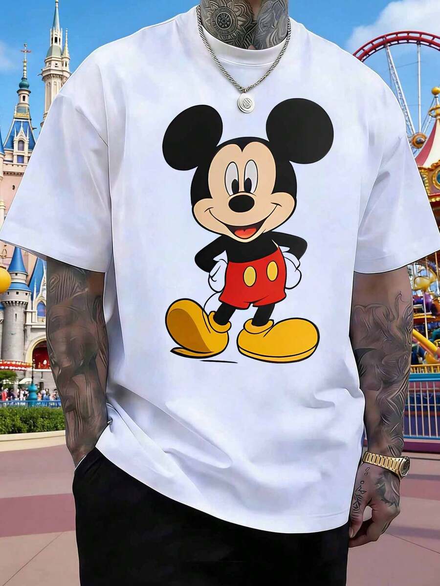 Disney Classic Mickey Mouse Short-Sleeved T-Shirt, Men's Summer Crew Neck T-Shirt, Youthful Cartoon Men's T-Shirt, Suitable For Everyday Wear, Outings, Commuting, And Parties Men Clothes. - White - View 1