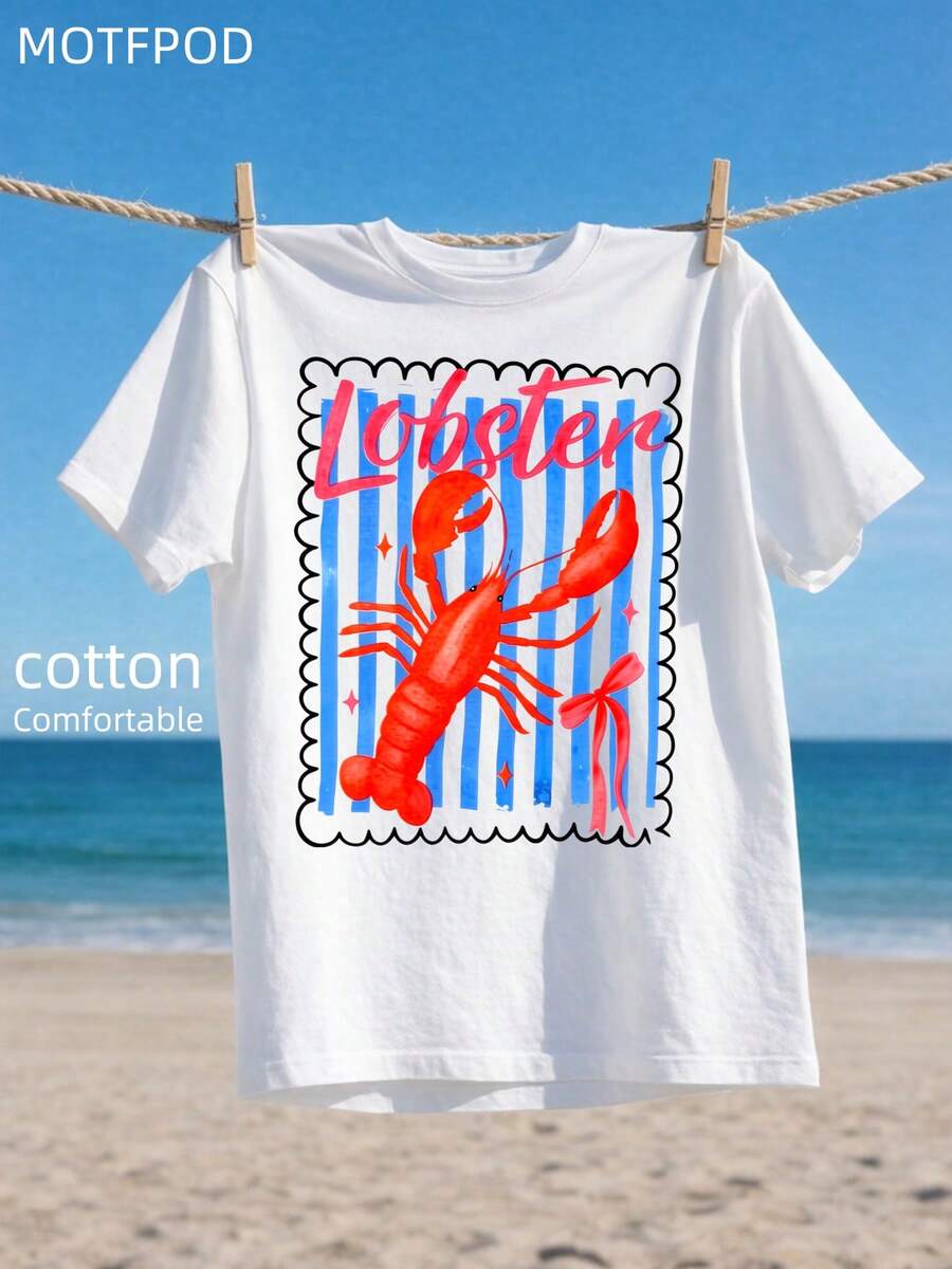 OverSize Summer Outfits For Women | Cotton T-Shirt | Lobster Blue Stripes Red Crab Pattern | Vacation Outfits Women Tee | Plus Size Women Clothes | Unisex. - trắng - Xem 1