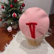 1Pcs Early Autumn Strawberry Wool Beret Hat, New Cute Sweet Versatile Pink Beret Hat With Shiny Bohemian Charm - Hồng - Xem 2