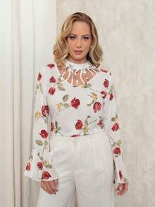 Onlyone - Women's Flamingo Print Blouse With Polka Dot Tulle And Lace, Cutout Shoulder, Long Sleeves, Lightweight And Elegant Fabric, Casual Fashion - 白色 - 查看 1