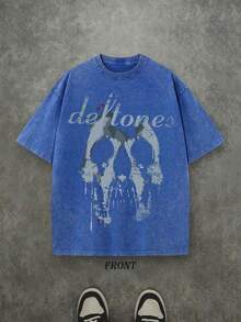 Vintage Washed Rock Tee Band Skull Print, Alternative Metal Fans Short - Sleeve,Cheap Clothes,Shirts Graphic,T Shirt .Jpg - Màu xanh lam - Xem 1