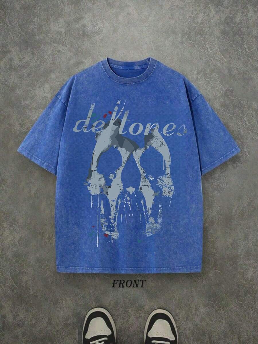 Vintage Washed Rock Tee Band Skull Print, Alternative Metal Fans Short - Sleeve,Cheap Clothes,Shirts Graphic,T Shirt .Jpg - Màu xanh lam - Xem 1