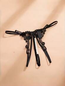 Fashionable Lace Embroidered Sexy Women's Panties, Low Waist G-String With Faux Pearl Massage Open Crotch Design, Lingerie For Valentine's Day For Going Out - Black - View 2