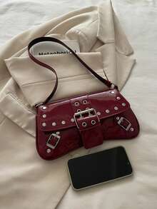 时尚纯色铆钉装饰腋下翻盖单肩包，适合购物、携带钱包、年轻女性、大学生、新婚夫妇、白领人士使用。也适合办公室、学校、工作、商务、通勤、户外活动、旅行、郊游等各种场合。 - 酒紅色 - 查看 6