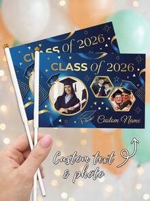Personalized Custom Class Of 2026 Graduation Handheld Flag With Custom Photos, Text & Year, Navy Blue Gold Geometric & Cap Design, Graduation Season Gift For Graduates, Ideal For Graduation Ceremonies, Photo Shoots And Parade Displays - Blue - View 3