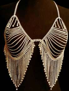 1 chiếc áo ngực dây mảnh đính đá pha lê lấp lánh mạ bạc, dây chuyền ngực lưới tua rua gợi cảm dành cho nữ, trang sức dây chuyền ngực lưới tua rua, áo ngực bikini đính đá pha lê cao cấp, 1 chiếc dây chuyền ngực lưới tua rua giả pha lê lấp lánh, mặt dây chuyền thời trang thanh lịch, gợi cảm đính đá. - Bạc - Xem 9