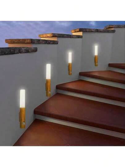 1/2pcs Smart Motion Sensor LED Wall Light, Rechargeable Battery, 3 Color Temperatures, 3 Sensing Modes, Wood Grain Nightlight, Spotlight Illumination, Suitable For Bathroom, Bedroom, Bedside, Bathroom, Corridor, Etc.