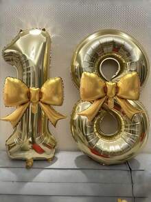2pcs 32-Inch Gold Number Foil Balloons With Gold Bow, Suitable For Birthday Party Decoration, Anniversary Celebration - Gold - View 1