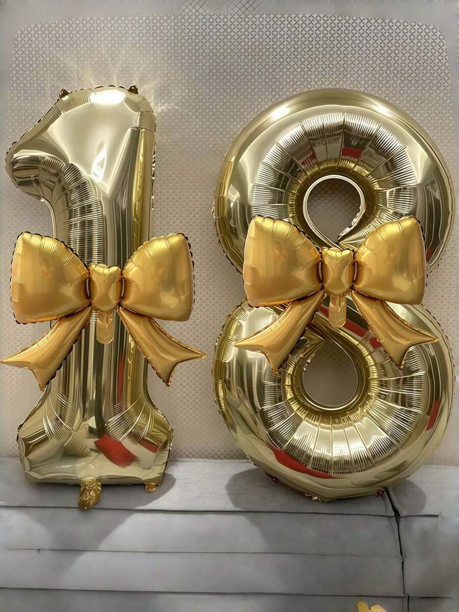 2pcs 32-Inch Gold Number Foil Balloons With Gold Bow, Suitable For Birthday Party Decoration, Anniversary Celebration - Gold - View 1