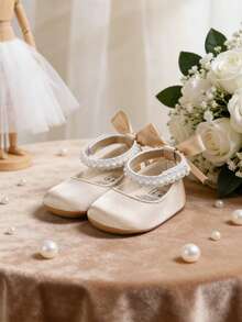 Newborn Baby Girls' Mary Jane Flats, Bow Decor, Non-Slip Soft Bottom PU Leather Infant Prewalker Shoes, Pearl Ribbon - Champagne - View 3