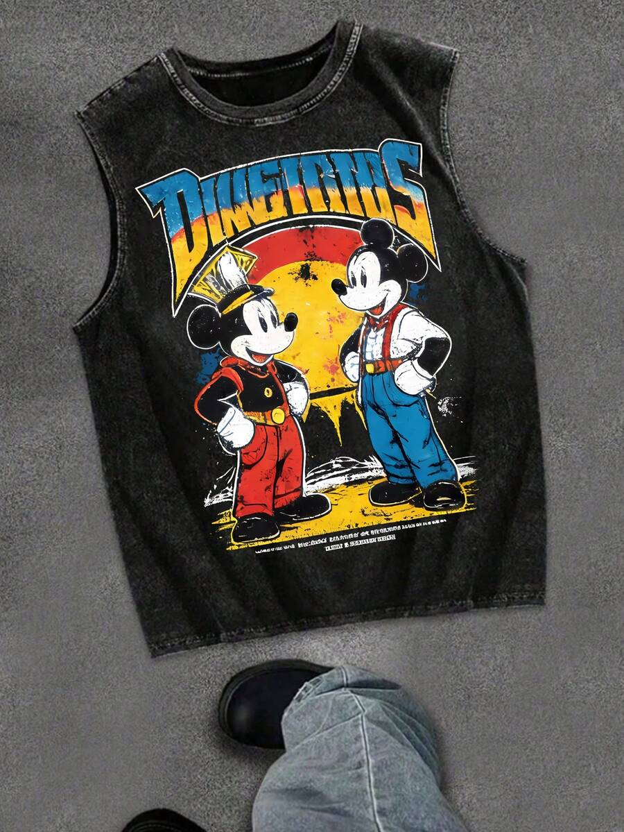 Disney Mickey Mouse Retro Duo 230GSM Vintage Washed Streetwear Tank Top - Black - View 1