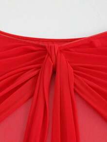 3pcs Set Women Velentines Hibiscus Red Swimwear Summer Days From Poolside To Beachside, Basic Elegant Bikini Floral Decor Coverups Sarong Beachwear - 紅色 - 查看 6