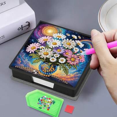 1pc DIY Diamond Art Starry Floral Pattern, Asymmetrical Crystal Embedded Painting On Black Faux Leather Self-Adhesive Memo Pad Box With 160 Sheets, Ideal For Home, Office And School Supplies, Craft, Cute Stationery, Holiday Gift