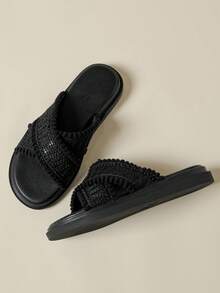 2026新款绑带交叉凉鞋，适合海滩穿着，波西米亚风格，舒适柔软鞋底，轻便透气，流苏编织网布拼接，坡跟一脚蹬凉鞋，小号33-34码，大号42-43码 - 黑色 - 查看 6