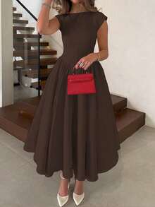 优雅简约时尚休闲复古喇叭短袖纯色褶皱拉链女士长连衣裙，适合晚宴、度假、上学、办公、海滩、夏季等场合。 - 棕色 - 查看 3