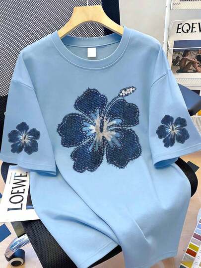 Women's Blue Floral Print Short Sleeve T-Shirt, Summer Casual Top For Girls Preparing To Play