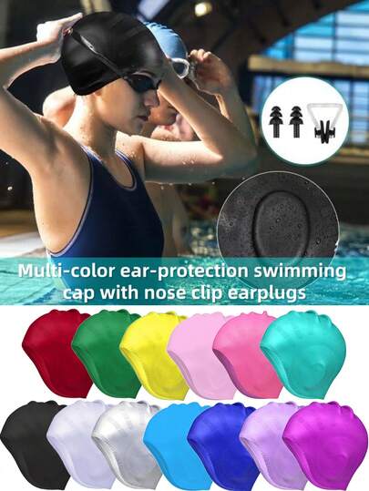 1 Set Gorro de natación con tapones para los oídos, gorro de natación unisex impermeable y cómodo de silicona, equipo de piscina, gorro de natación de unicolor a la moda, gorro de natación de silicona suave e impermeable, protección para los oídos, protección para el cabello, esencial para la playa, adecuado para deportes acuáticos al aire libre, accesorios de natación duraderos - Ideal para el Día de San Valentín, Carnaval