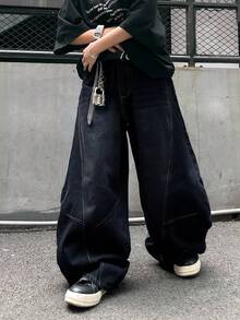 1pc Men's Distressed Vintage Wash Loose Fit Patchwork Design Straight Leg Jeans (Belt And Accessories Not Included) - Dark Wash - View 6