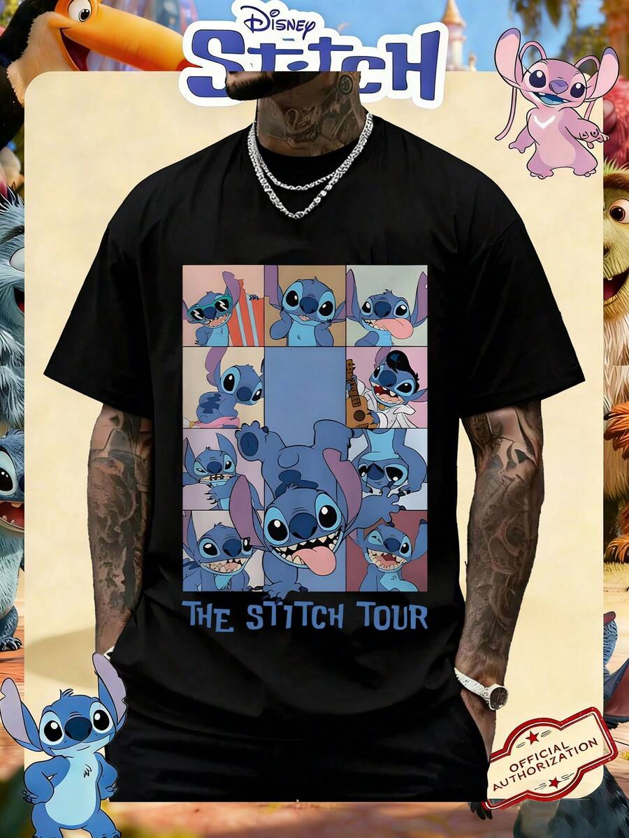 Disney Official Licensed Lilo & Stitch The Stitch Tour Collage Print 230g Cotton Crew Neck Unisex Tee - 黑色 - 查看 1