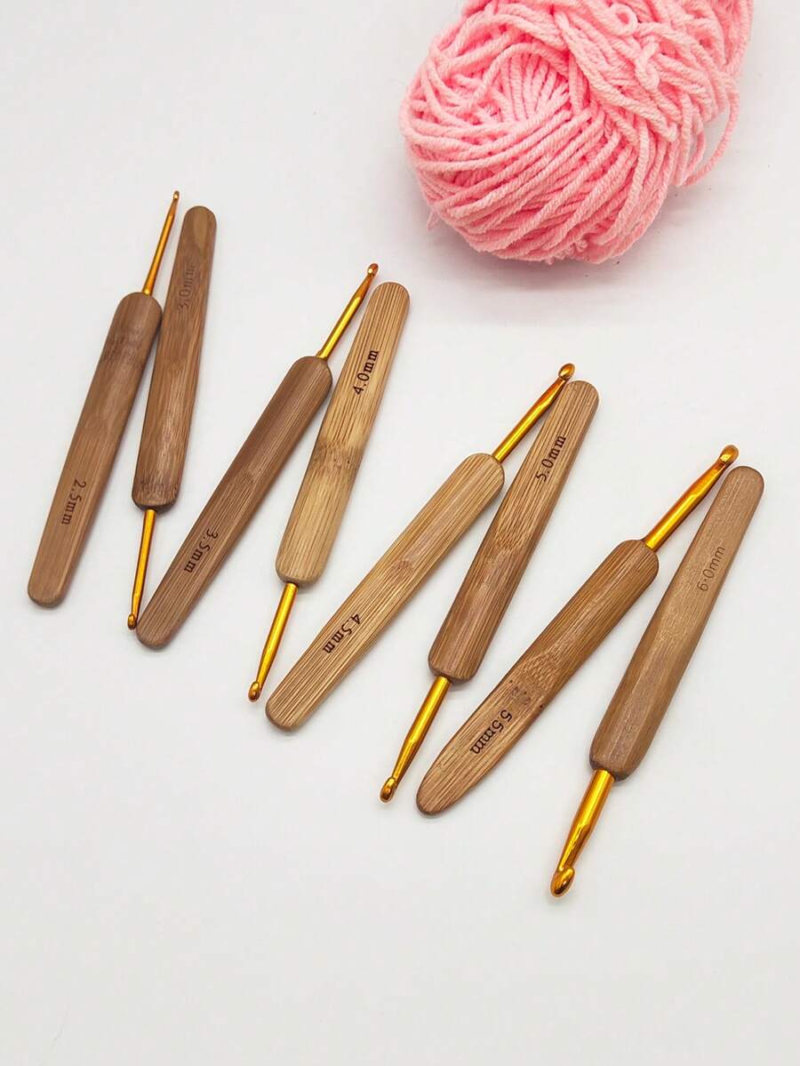 8pcs Carbonized Bamboo Handle Crochet Hooks, Aluminum Oxide Heads Knitting Tools, Handmade Crochet Needles 2.5mm, 3.0mm, 3.5mm, 4.0mm, 4.5mm, 5.0mm, 5.5mm, 6.0mm - Carbonized Gold-headed Crochet Hook - View 1