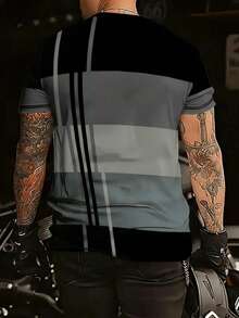 男士3D条纹图案T恤 - 休闲涤纶圆领上衣，可机洗 - 彩色 - 查看 2