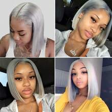 100% Human Hair Women's Soft Silver Gray Straight Bob Wig, Hair Density 180, Length 10 Inches 12 Inches 14 Inches, 13x4 High Definition Transparent Lace Front Wig, Pre-Trimmed Natural Hairline, Lace Front Wig With Bangs/Middle Part/Side Part Options - S1/Gray - View 11