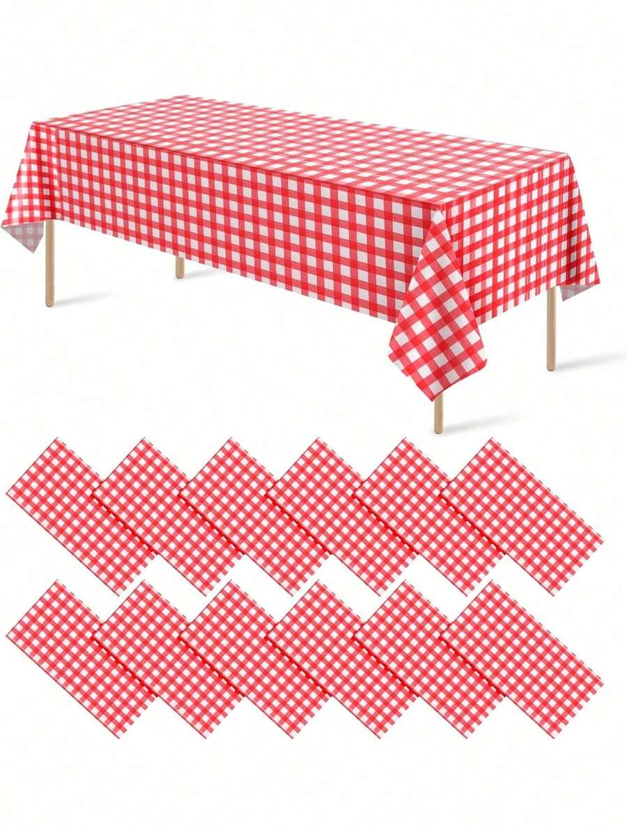 1/6pcs 137*274cm Red & White Plaid Disposable Plastic Tablecloth, Suitable For Picnic, Farm, Birthday, Wedding Rectangle Party Tablecloth, Tablecloth, Easter Tablecloth, Party, Party Supplies, Wedding, Tablecloth, Birthday, Party Decor, Birthday Decor, Table Cover