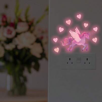 1 pieza Pegatina de pared con diseño de unicornio luminoso que brilla en la oscuridad, diseño femenino, autoadhesivo y luminoso, adecuado para interruptor, enchufe y luz nocturna
