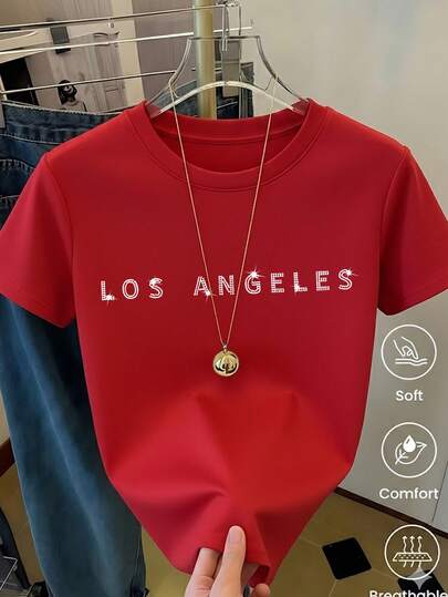 Playera Negra para Mujer con Estampado de Letras LOS ANGELES en Pedrería Brillante, Camiseta Casual de Manga Corta Estilo Aesthetic y Urbano, Top Moderno con Diseño de Moda de California, Blusa Juvenil Chic para Verano y Diario