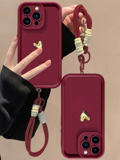 1 pezzo Custodia per telefono in bordeaux di alta qualità, minimalista ed elegante con decorazione a cuore e cordino intrecciato, adatta per uso quotidiano, lavoro, viaggi di lavoro e vacanze, antiurto, compatibile con telefoni Apple