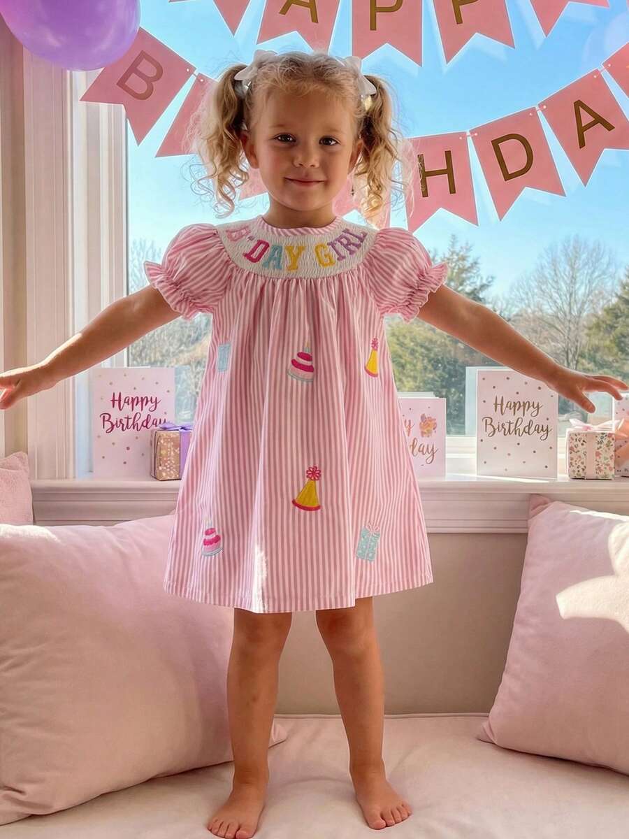 Toddler Baby Girl Birthday Dress Striped Cake Letter Embroidered Short Sleeve Crewneck A-Line Princess Dresses Cute Smash Cake Clothes - 粉色 - 查看 1