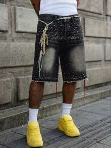 Quần short denim nam mùa hè họa tiết bầu trời sao lấp lánh đính đá, chất liệu không co giãn, dài đến đầu gối, họa tiết sao pha lê đính kèm, điểm nhấn thời trang đường phố mùa hè | Món đồ thiết yếu thu hút mọi ánh nhìn trong các bữa tiệc phát sáng trong bóng tối - màu đen - Xem 4