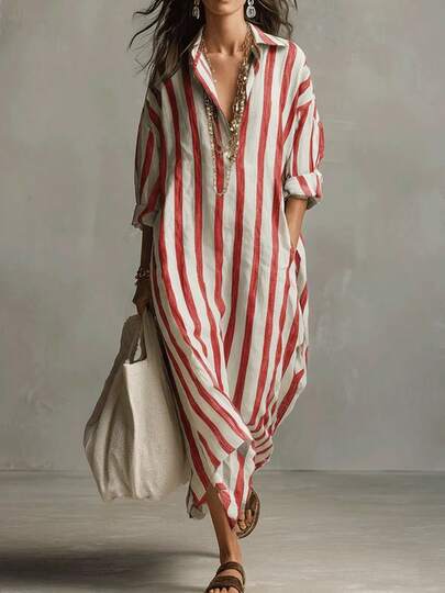 Plus Size 2026 Spring/Summer Fashion Loose V-Neck Long Striped Shirt Dress With 3/4 Sleeves, Popular Item Elegant Red