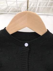Baby Girl Knitted Round Neck Perforated Solid Color Cardigan - Black - View 2