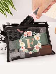 Personalized Floral & Gold Letter Print Canvas Cosmetic Bag - Fashionable Style, Zipper Closure, Foldable, Lightweight, Fade-Resistant Design - Suitable As Bridesmaid, Teacher And Friend Gifts, Also Can Be Used As Washable Ladies Makeup Bag. Back To School Student Backpack, Travel Essential, Beach Holiday Organizer - Multicolor - View 5