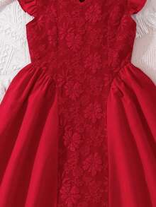 Left Mama 少女优雅红色短袖提花连衣裙，适合宴会和情人节穿着，夏季款 - 紅色 - 查看 6