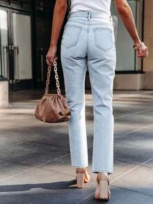 Light Blue Loose Elastic Straight-Leg Jeans, Women's Casual Vacation Denim Pants, Spring/Summer - Light Blue - View 4