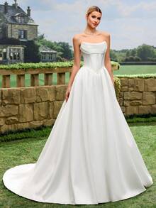 Elegant, Noble And Cute White Satin Faux Pearl Decor Style A-Line White Wedding Dress Bridal Gown With Train Spring - White - View 12